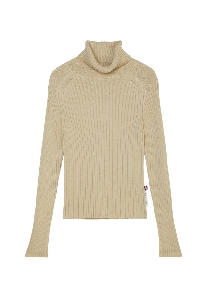 Beige gestreifter Rollkragenpullover mit langen Ärmeln und tailliertem Design. Verfügt über einen hohen, gefalteten Kragen und subtile Details entlang der Nähte.