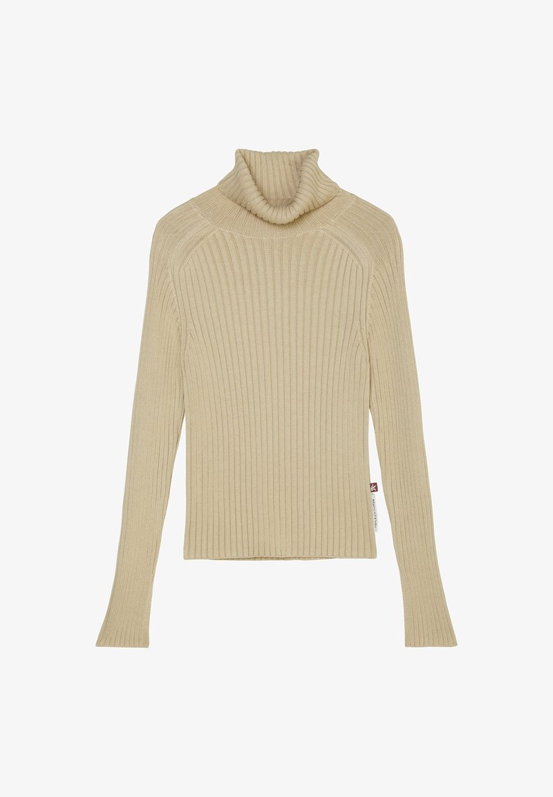 Beige gestreifter Rollkragenpullover mit langen Ärmeln und tailliertem Design. Verfügt über einen hohen, gefalteten Kragen und subtile Details entlang der Nähte.
