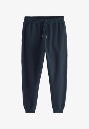 Pantaloni de trening bleumarin cu talie elastică, șnur reglabil, buzunare laterale și glezne cu manșetă.