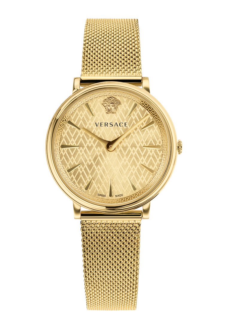 Gouden mesh horloge met een gestructureerde gouden wijzerplaat met diamanten patroon, Versace-logo en minimalistische uuraanduiders. Zwitsers gemaakt.