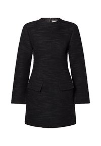 Schwarzes Kleid mit strukturiertem Gewebe, langen Ärmeln, runder Ausschnitt und zwei Vordertaschen. Gerader Schnitt mit einem Reißverschluss hinten.