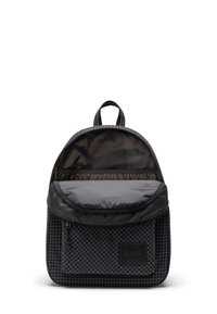 Zaino nero con motivo a griglia, dotato di tasca frontale, maniglia superiore e fodera interna nera a contrasto. Include una manica imbottita per laptop.