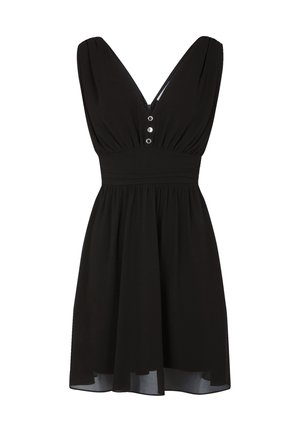 Robe noire dotée d'un profond décolleté en V, de manches courtes bouffantes et d'une taille cintrée ornée de trois boutons décoratifs. Jupe évasée avec un ourlet au-dessus du genou.