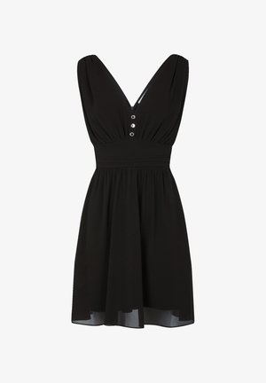 Robe noire dotée d'un profond décolleté en V, de manches courtes bouffantes et d'une taille cintrée ornée de trois boutons décoratifs. Jupe évasée avec un ourlet au-dessus du genou.