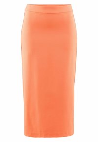Jupe midi orange avec une texture lisse, un design ajusté et une légère fente sur le côté. Fabriquée à partir d'un matériau extensible pour le confort et la facilité.