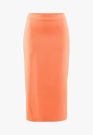 Orange Midi-Rock mit glatter Textur, tailliertem Design und einem dezenten Seitenschlitz. Hergestellt aus elastischem Material für Komfort und Bewegungsfreiheit.