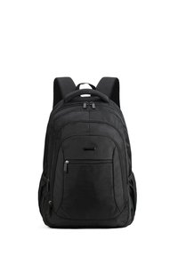 Sac à dos noir en tissu durable, avec un compartiment principal spacieux, une poche zippée à l'avant, des bretelles rembourrées et un dos en maille.