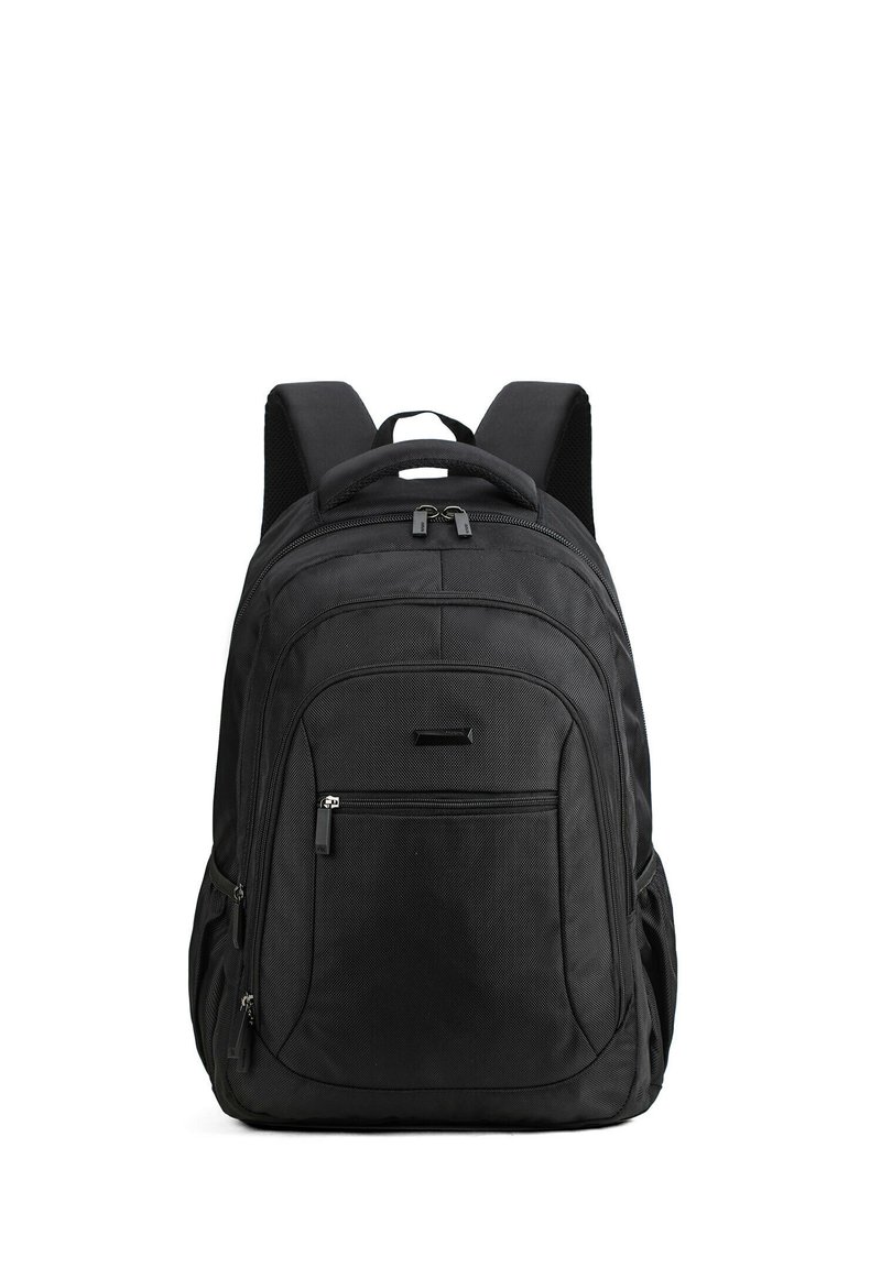 Zaino nero realizzato in tessuto resistente, dotato di un ampio scomparto principale, tasca frontale con zip, spallacci imbottiti e schienale in rete.