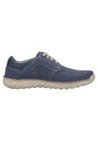 Navyblaue Wildlederschuhe mit beiger Gummisohle, versehen mit hellen Schnürsenkeln, gestickten Details und einem runden Zehendesign.