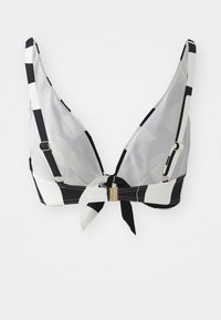 Bikini vrch s čierno-bielou vzorovanou potlačou, trojuholníkového tvaru, z priesvitnej látky, so zlatými kovovými doplnkami a s viazaním vzadu.