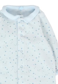 Body per neonati azzurro chiaro in morbido fleece, con colletto e motivo a stelle in diverse sfumature di blu. Chiusura con bottoni sulla parte frontale.