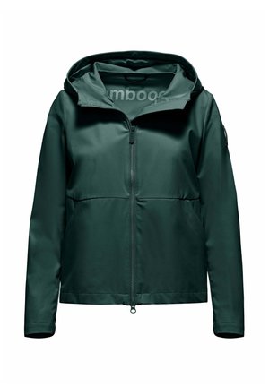 Giacca verde scuro con cappuccio, chiusura frontale con cerniera, maniche lunghe e tessuto liscio con una finitura leggermente lucida.