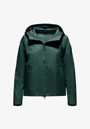 Giacca verde scuro con cappuccio, chiusura frontale con cerniera, maniche lunghe e tessuto liscio con una finitura leggermente lucida.