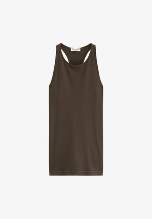 Bruine mouwloze tanktop met racerback ontwerp en ronde hals, gemaakt van zachte stof, plat uitgestald met het merklabel aan de achterkant van de hals.