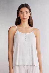 Světlé šedé žebrované tílko s tenkými ramínky, s knoflíkovou légou na výstřihu a volným střihem. Hladký materiál.