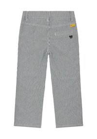 Gestreepte katoenen broek met een relaxte pasvorm. Heeft een achterzak, geel label en zwart berenlogo aan de voorkant. Kleur is marineblauw en wit.