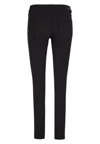 Schwarze Skinny-Jeans mit glatter Textur, Fünf-Taschen-Design und gestickten Details. Slim-Fit mit mittelhohem Bund und ohne Verzierungen.
