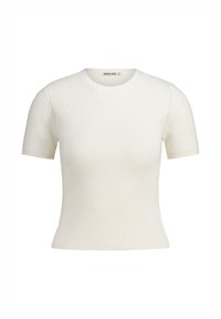 Ribbed knit short-sleeve top in off-white. Crew neckline, fitted shape, textured fabric, and no visible branding.