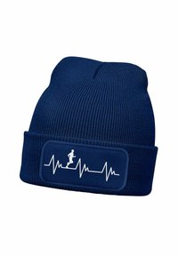 Navy blue knitted beanie with ribbed texture, featuring a white graphic of a runner and a heartbeat line on a fabric patch.