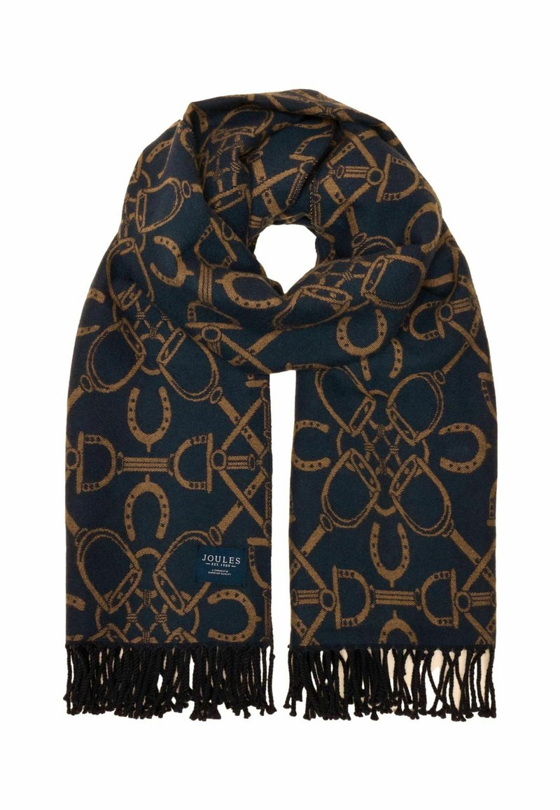 Námornícky šál so zlatým jazdeckým vzorom, s strapcami na koncoch a štítkom Joules. Vyrobený z mäkkého materiálu s bohatou textúrou.