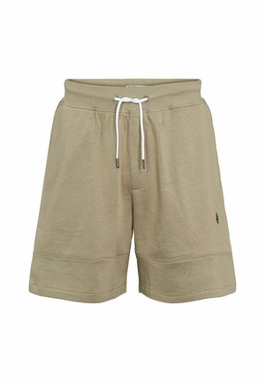 Bež bambus kratke hlače z elastičnim pasom in belim vrvico. Imajo šivane detajle in majhen logotip na spodnji levi strani.