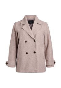 Double-breasted wool blend coat in light grey with a notched collar, two front pockets, and dark brown buttons. Features cuffed sleeves.