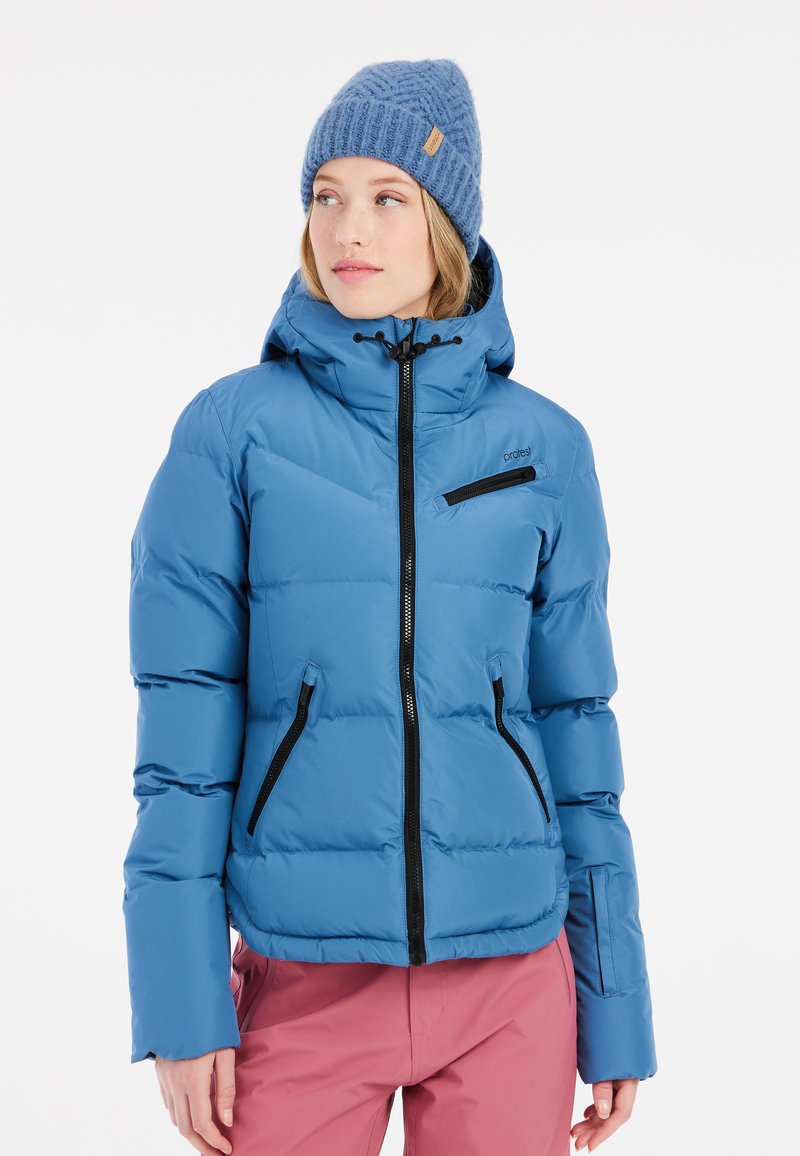 Hellblau gepolsterte Jacke mit Kapuze, kontrastierenden schwarzen Reißverschlüssen und Seitentaschen. Verfügt über eine glatte Oberfläche und eine enge Passform.