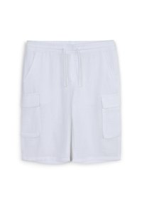 Pantaloni corti bianchi in lino con vita elastica, cordoncino, due tasche laterali e due tasche cargo. Tessuto leggero e traspirante.