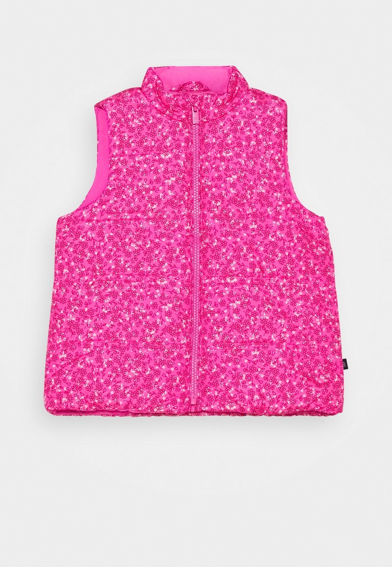 Rosa gesteppte Weste mit Reißverschluss, ausgestattet mit einem Blumenmuster und einem hohen Kragen. Ärmelloses Design mit glattem Innenfutter.