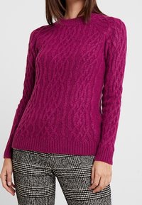 Frau in einem magentafarbenen Kabelstrickpullover und schwarz-weißen Karohosen, die vor einem hellen Hintergrund steht.