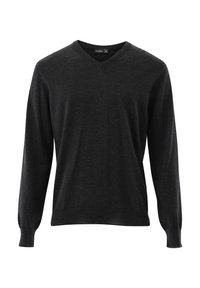 Schwarzer V-Ausschnitt-Pullover aus weichem Material; mit langen Ärmeln und gerippten Bündchen, hat eine glatte Textur und minimale Details.