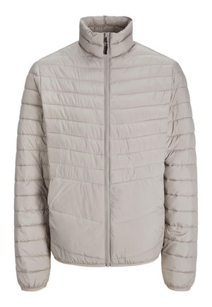Gai pelēks, quilted puffer jaka ar augstu apkakli, priekšējo rāvējslēdzēju un elastīgām aprocēm. Gluda tekstūra un horizontāla šuvju raksts.