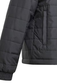 Veste matelassée noire avec un design plat et matelassé. Présente un poignet élastique et une poche latérale. Texture de tissu lisse et brillant.