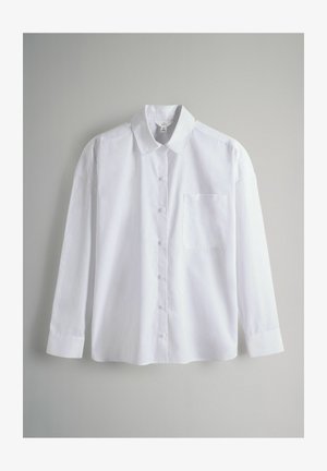 Weißes Hemd mit langen Ärmeln, Kragen, Fronttasche und geradem Saum. Hergestellt aus glattem Stoff mit klassischem Design.