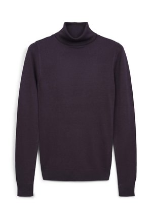 Dunkelvioletter langärmeliger Rollkragenpullover mit geripptem Kragen, Bündchen und Saum, flach auf einem weißen Hintergrund ausgelegt.