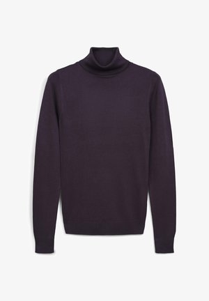 Dunkelvioletter langärmeliger Rollkragenpullover mit geripptem Kragen, Bündchen und Saum, flach auf einem weißen Hintergrund ausgelegt.