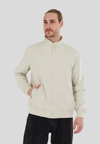 Hellbeige Bomberjacke mit hohem Kragen, Reißverschluss, elastischen Bündchen und Seitentaschen; glatte Textur und minimalistisches Design.