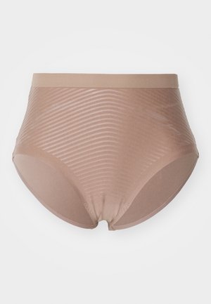 Kõrge vöökohaga beež aluspüksid, millel on läbipaistva triibulise disainiga. Omab sujuvat elastset vööd ja pehmet kangast tekstuuri.