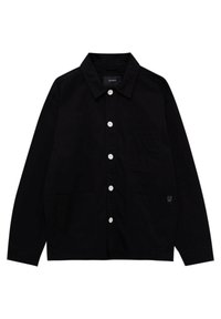 Schwarze Blazerjacke mit spitzem Kragen, zwei Fronttaschen und weißen Knöpfen. Verfügt über einen strukturierten Stoff und ein kleines Logo an der Seite.