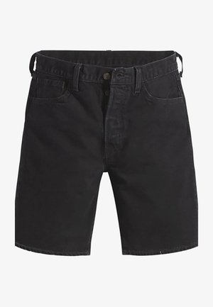 Melnas džinsu šorti ar parasto piegriezumu, ar jostu cilpiņām, piecām kabatām un rāvējslēdzēju ar vienu pogu kārbu.