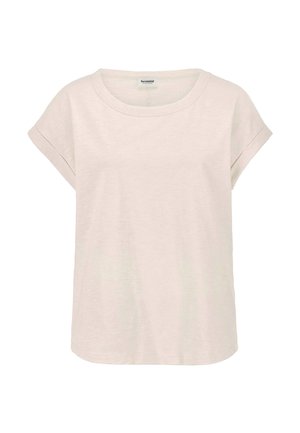 Lichtbeige T-shirt met korte mouwen, een ronde hals en opgerolde mouwboorden, zonder opdruk.