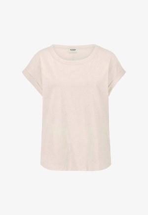 T-shirt à manches courtes couleur beige clair, col rond, avec revers aux manches et design uni.
