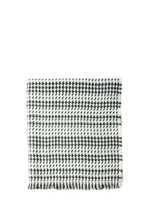 Écharpe tissée au motif pied-de-poule noir et blanc, avec des bords à franges et une texture douce. Forme rectangulaire, avec des lignes audacieuses.