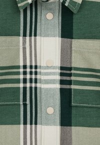 Zelena in bela karo flanelasta srajca z gumbi spredaj, žepom in različnimi teksturami tkane tkanine.