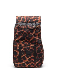 Mochila de estampado animal en negro y marrón con cierre enrollable, correas negras, bolsillo frontal y parche con logotipo. Fabricada en tela duradera.