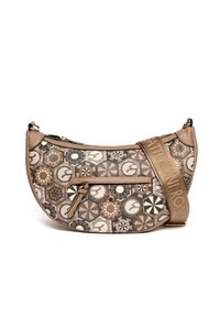 Borsa a tracolla in pelle marrone con motivo geometrico in tonalità di marrone chiaro, crema e marrone scuro; include una tasca frontale con zip e tracolla con logo.