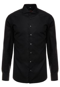 Svart långärmad skjorta i mjukt tyg, med klassisk krage och knappstängning fram med svarta knappar. Skräddarsydd passform.