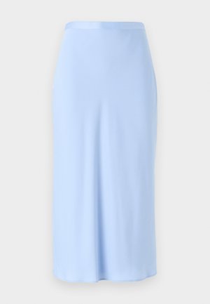 Falda midi de color azul claro hecha de tela lisa. Cintura ajustada con una silueta recta y costuras mínimas. Brillo sutil en la superficie.