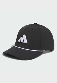 Black cap with a curved visor, made of smooth fabric. Features a white embroidered logo and a white accent line along the brim.