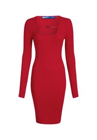 Rochie bodycon roșie cu dungi, cu mâneci lungi, decolteu pătrat și o siluetă ajustată. Materialul texturat accentuează forma și designul.